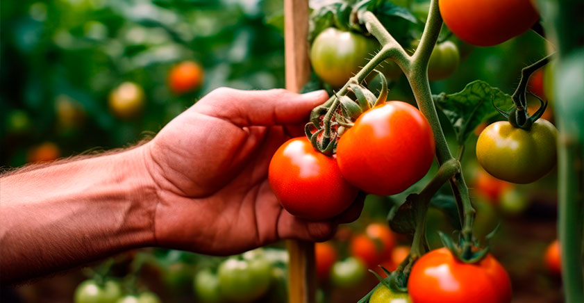 mano cogiendo tomates en la huerta